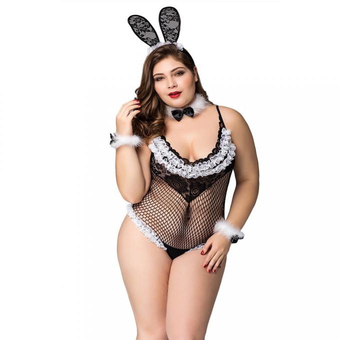 Pijamas grandes Mesh Black Lace Sex Lingerie de Bunny Girl Cute One Piece de los pijamas de los pijamas