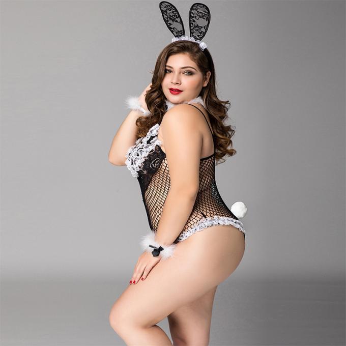 Pijamas grandes Mesh Black Lace Sex Lingerie de Bunny Girl Cute One Piece de los pijamas de los pijamas