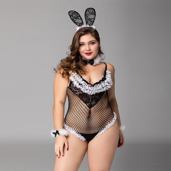 Pijamas grandes Mesh Black Lace Sex Lingerie de Bunny Girl Cute One Piece de los pijamas de los pijamas