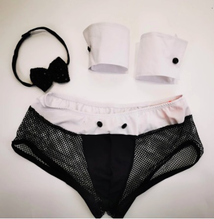 Ropa interior de la correa de la tanga de Lingerie Suit Tuxedo del camarero del ′ s Butler de los hombres con el cuello y las pulseras de la corbata de lazo